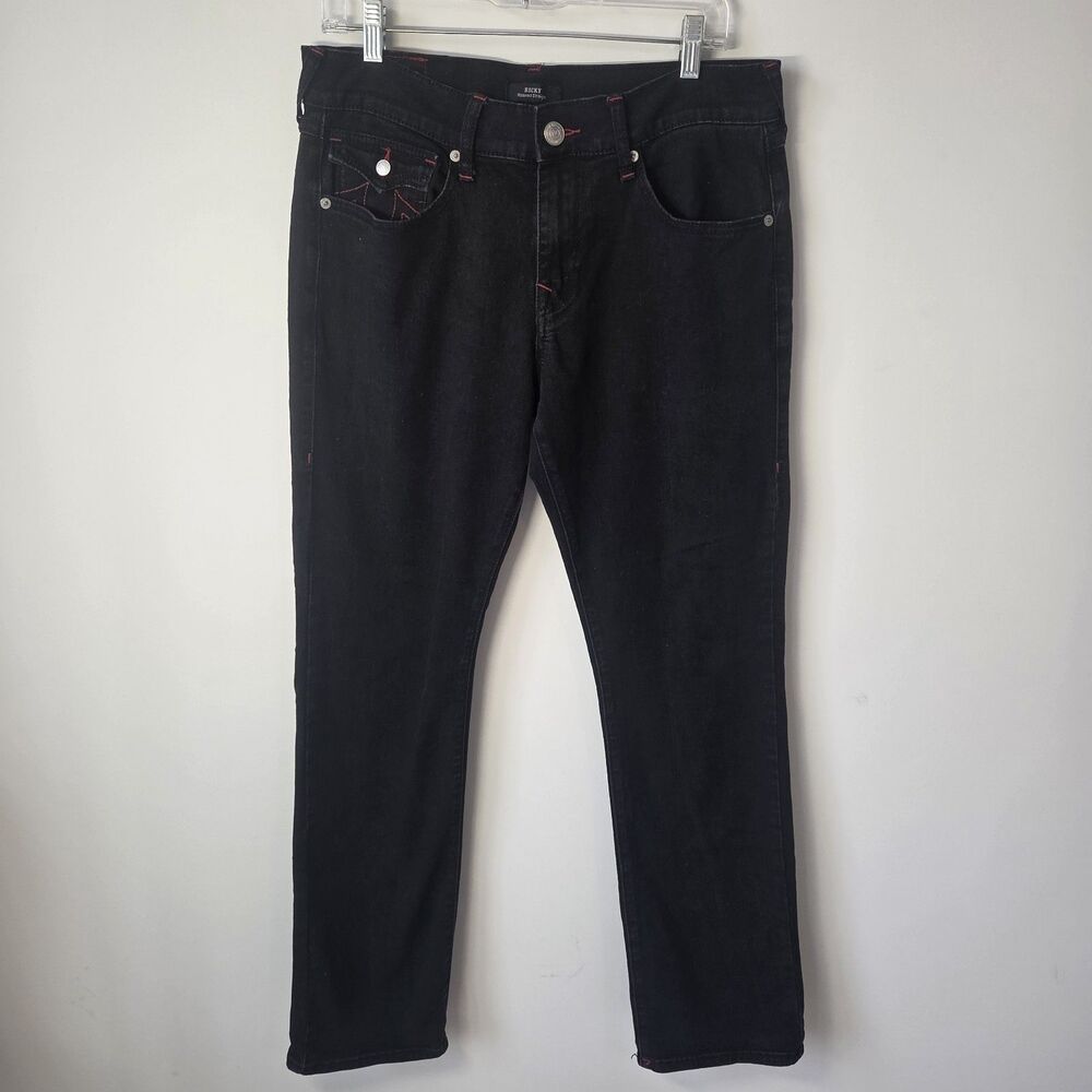 True Religion Ricky Black Red Stitch Relaxed Straight Jeans Men's 32